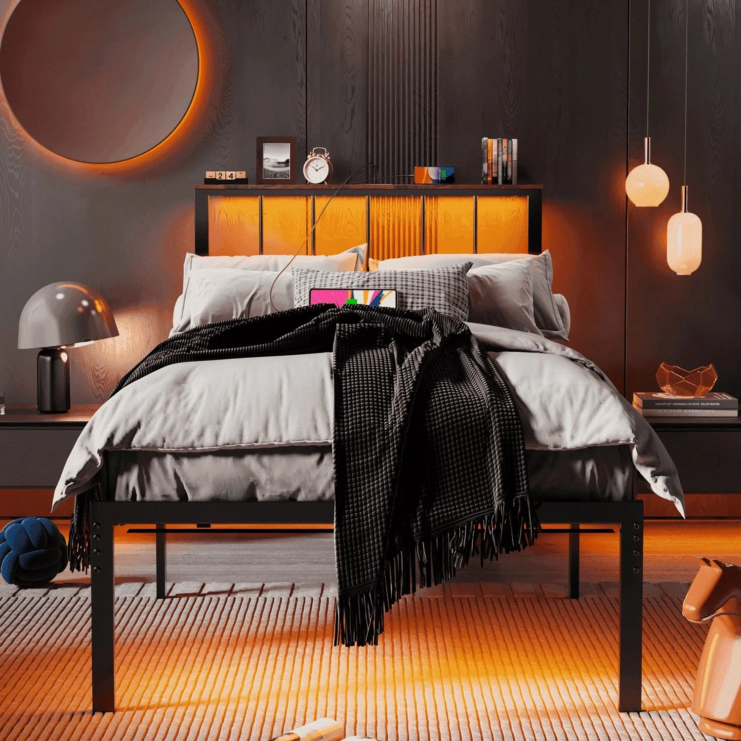 Behost Twin Size Bed Frame -1-1 Heavy Duty Twin Bed Frame with Storage Headboard, Black