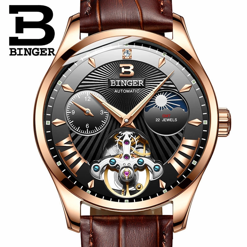 Binger Swiss 22 jewels Tourbillon Mechanical Men Watch B 1186