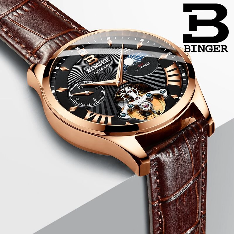 Binger Swiss 22 jewels Tourbillon Mechanical Men Watch B 1186