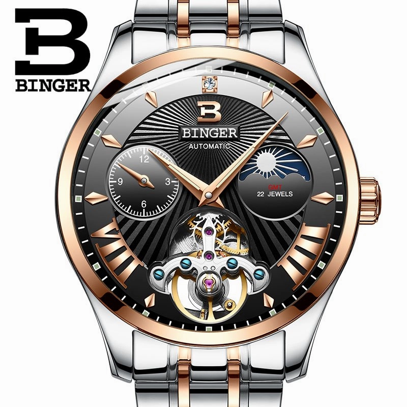 Binger Swiss 22 jewels Tourbillon Mechanical Men Watch B 1186