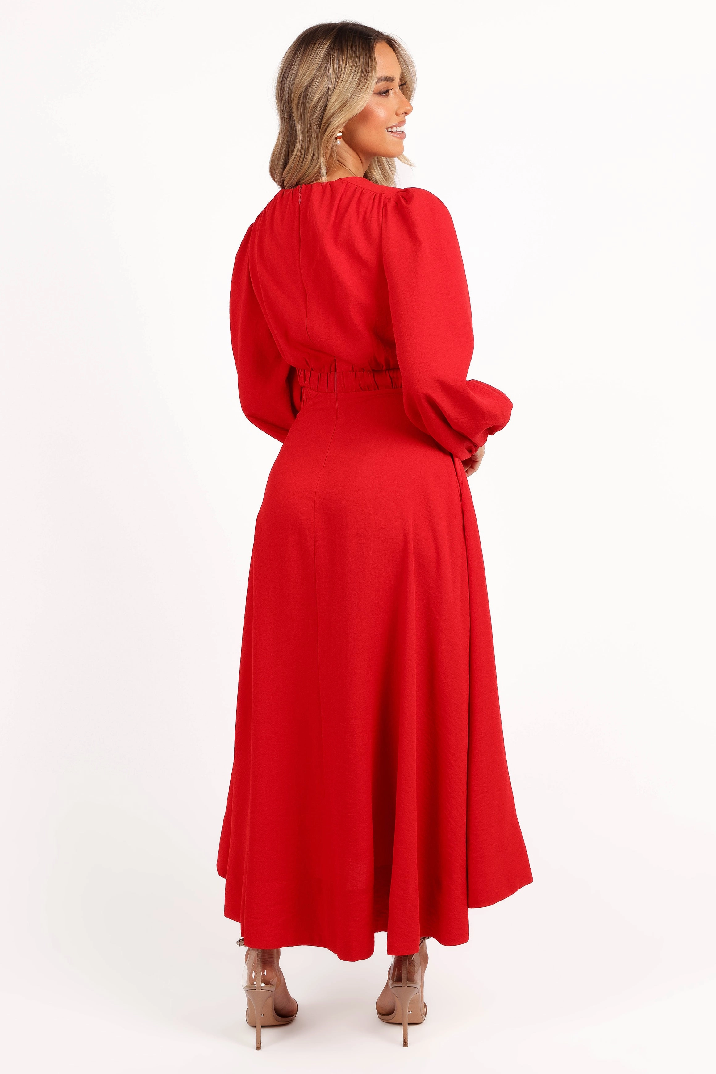 Ginnee Puff Sleeve Cutout Midi Dress - Red