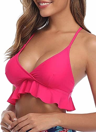 Removable Padded Ruffle Flounce Push Up Bikini Top-Hot Pink