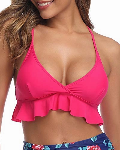 Removable Padded Ruffle Flounce Push Up Bikini Top-Hot Pink