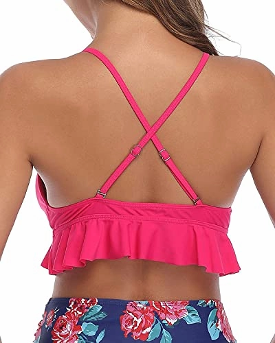 Removable Padded Ruffle Flounce Push Up Bikini Top-Hot Pink