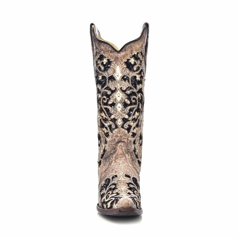 Women's A3569 Black Glitter Inlay with Crystals and Studs Snip Toe Cowboy Boots Brown