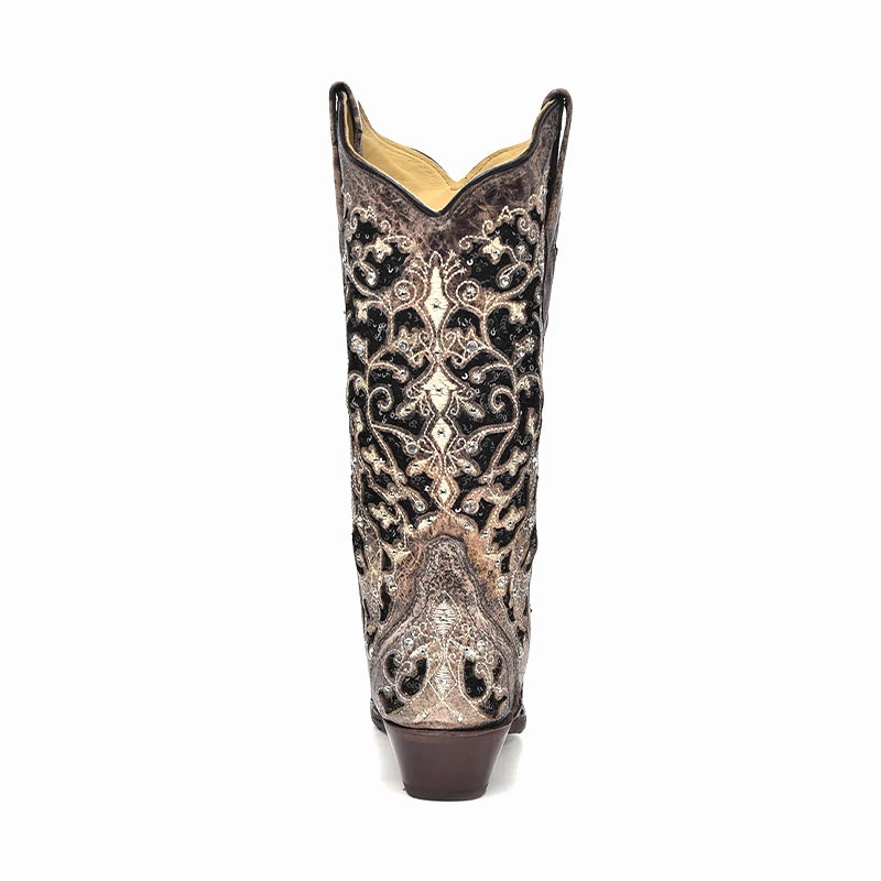 Women's A3569 Black Glitter Inlay with Crystals and Studs Snip Toe Cowboy Boots Brown