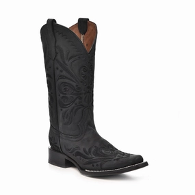 Women's L5464 Filigree Embroidery Square Toe Cowboy Boots Black