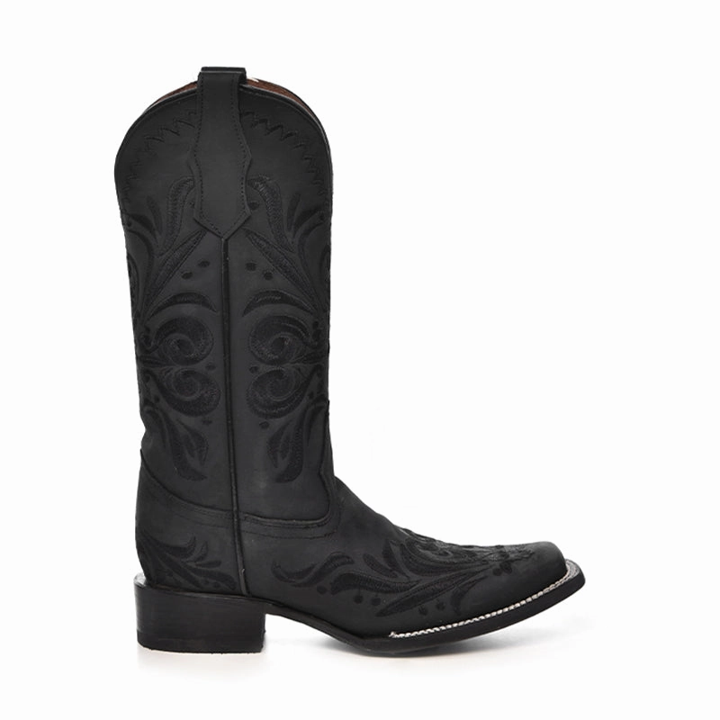 Women's L5464 Filigree Embroidery Square Toe Cowboy Boots Black